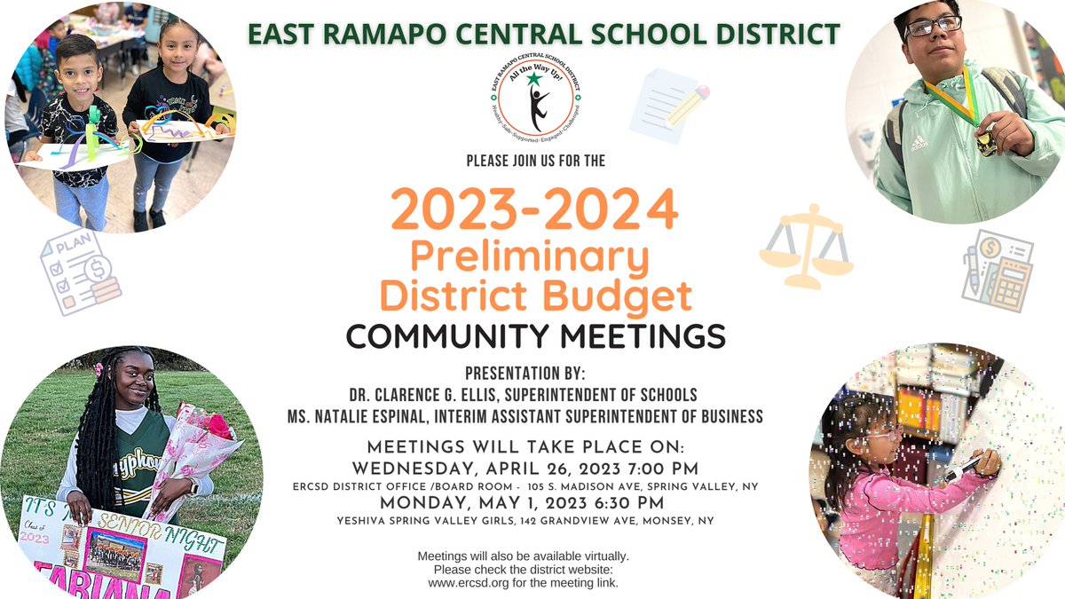 #EastRamapo community! You are invited to attend the 2023-24 Preliminary District Budget Community Meetings on Wednesday, April 26 at 7 P.M. &amp; Monday, May 1 at 6:30 P.M. Visit ercsd.org/SchoolBudgetMt… for more info. #SchoolBudget #Community