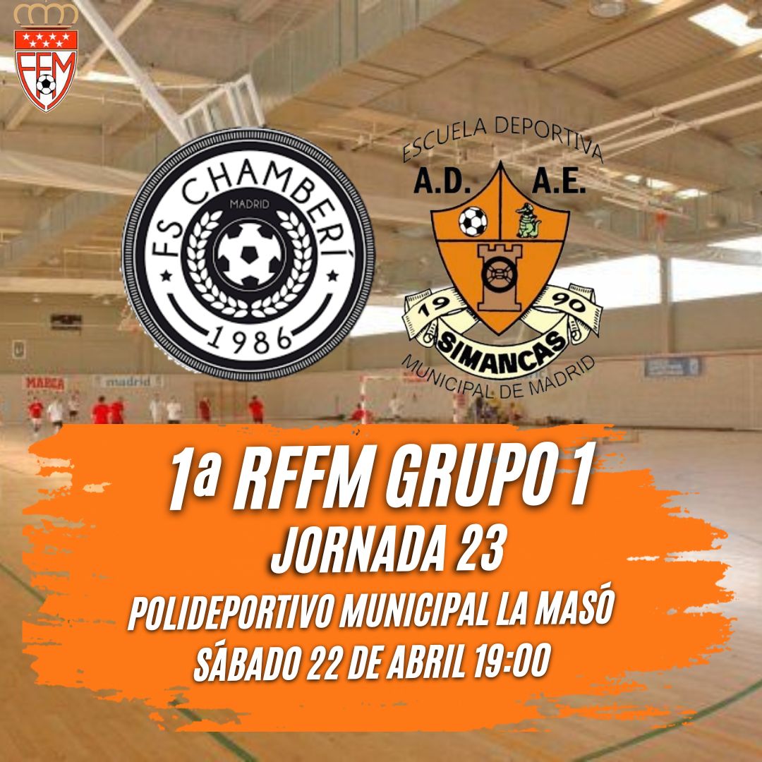 🗓️JORNADA 23
Visitamos la casa del líder, un <a href="/fschamberi1/">F.S. Chamberí</a> que querrá aumentar su racha. Buscaremos los 3 puntos después de una racha irregular
El partido de ida concluyó con una derrota 2-4 llena de ocasiones para ambos.
🏟️ P.M. La Masó
🕖 22 de abril a las 19:00
¡Vamos Simancas!