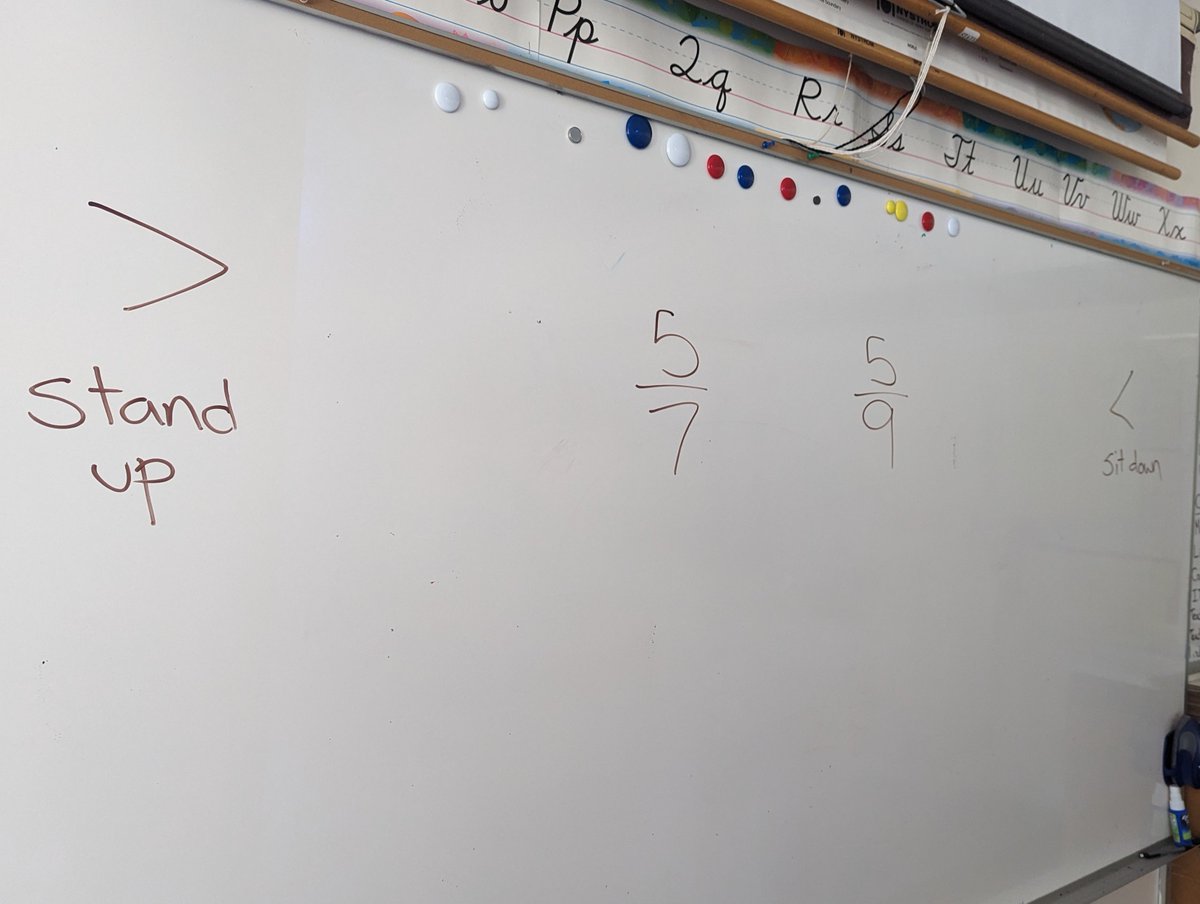 MrBushart's tweet image. Day 138: To practice using our new thinking strategies for comparing fractions, I had the students use their bodies to show the answer. If the &amp;gt; sign was needed, they had to stand up. If the &amp;lt; sign was needed, they had to sit down.