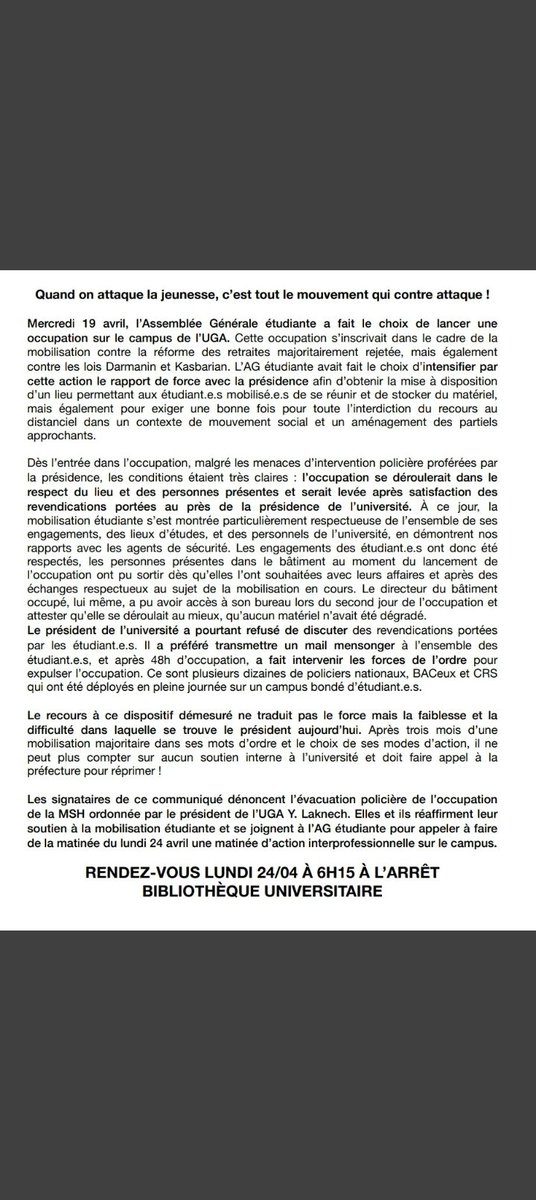 Communiqué de l'AG étudiante, suite à l'expulsion de l'occupation de la MSH sur le campus de l'UGA par un dispositif policier disproportionné.