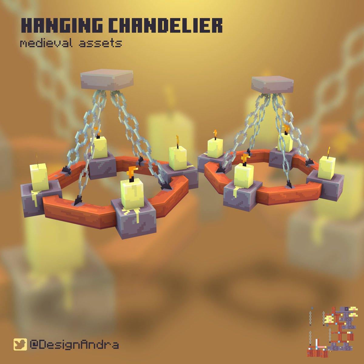 DesignAndra's tweet image. #Day16 
Medieval Hanging Chandelier ✅ 
#minecraft #Blockbench #minecraftmarketplace #gamedev #indiedev #gamedesign #bucketofcrab #pixelart #voxel #3dmodeling #design #gamedesign #leveldesign #medievalprops #props