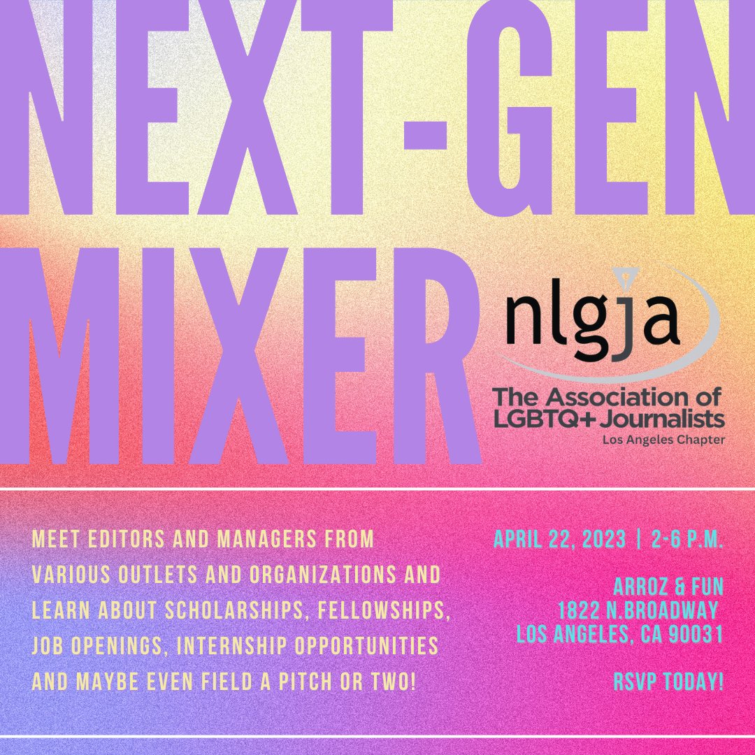 LAnlgja's tweet photo. Come hang out with the NLGJA LA team tomorrow at our Next-Gen Mixer!
This is your chance to find out about opportunities available at local newsrooms and to learn more about some amazing media organizations. Hope to see you there!
RSVP: https://t.co/SZAKWYxFzA https://t.co/AhuUCCPBKv