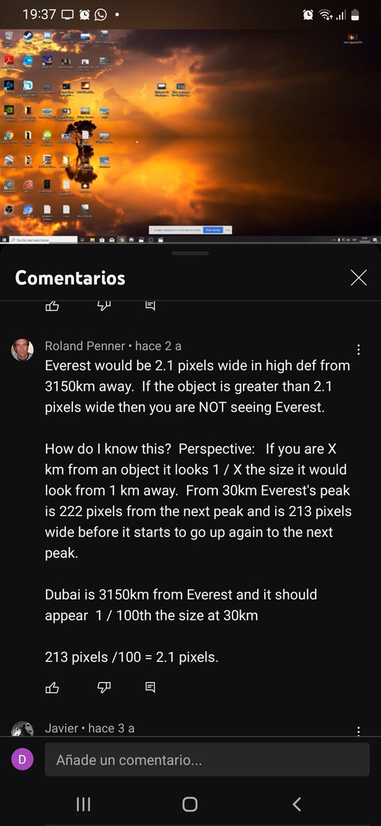 dnegr8's tweet photo. @AstronomicLimit @VulpeculaVdL Incluso el video que pasó este ser de que se ve el Everest desde Dubai, creo, se desmonta con un mínimo de conocimiento de como funciona la perspectiva https://t.co/lA9OSxm7sY