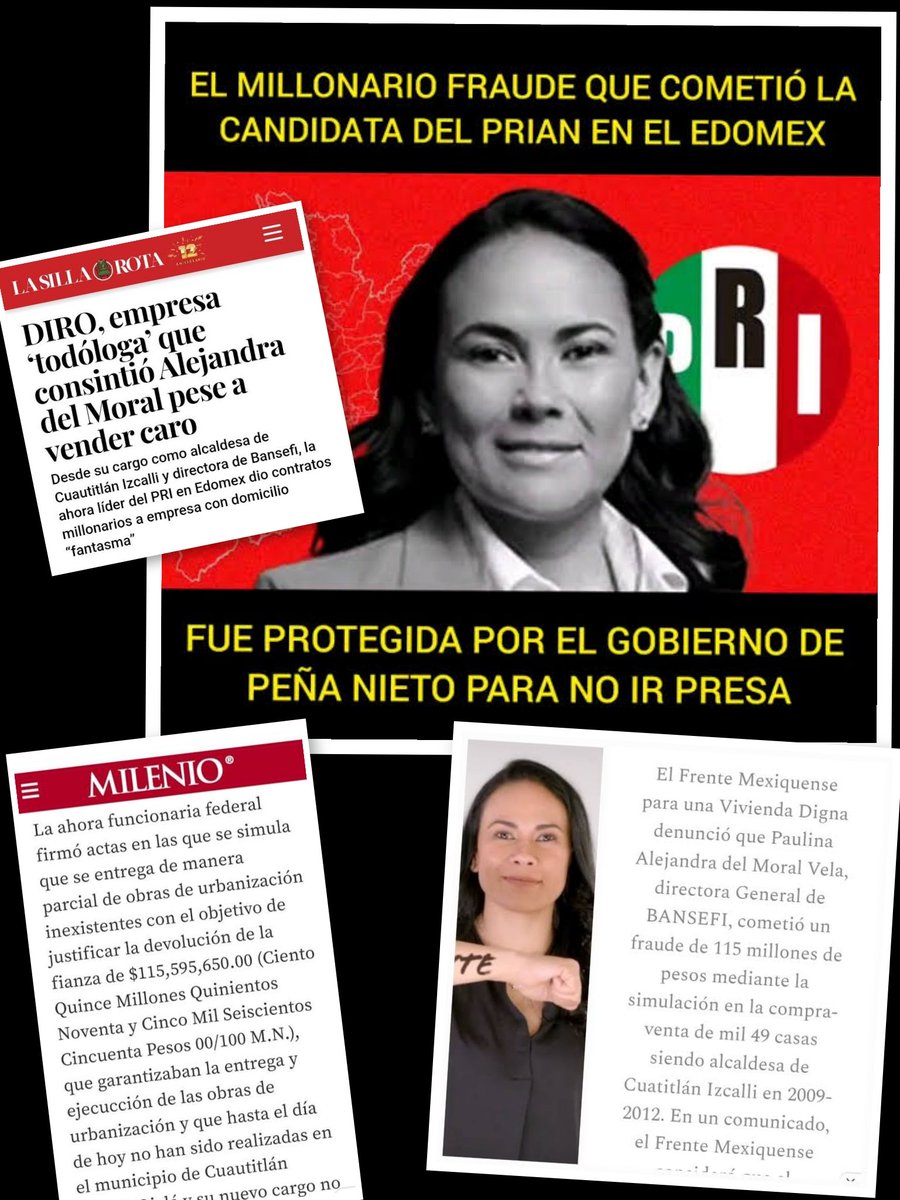 <a href="/AlejandraDMV/">Alejandra Del Moral</a> <a href="/rorrisalvalo/">Rodrigo Álvarez Lopez</a> Ya ganaron el desprecio y repudio del pueblo por ratas corruptos, ni creas que se nos olvida la denunciada que te hicieron los del  Frente Mexiquense para una Vivienda Digna, por haber cometido fraude por 115 millones de pesos y bien protegida por Peña.
Ningún chayotero lo dice👇