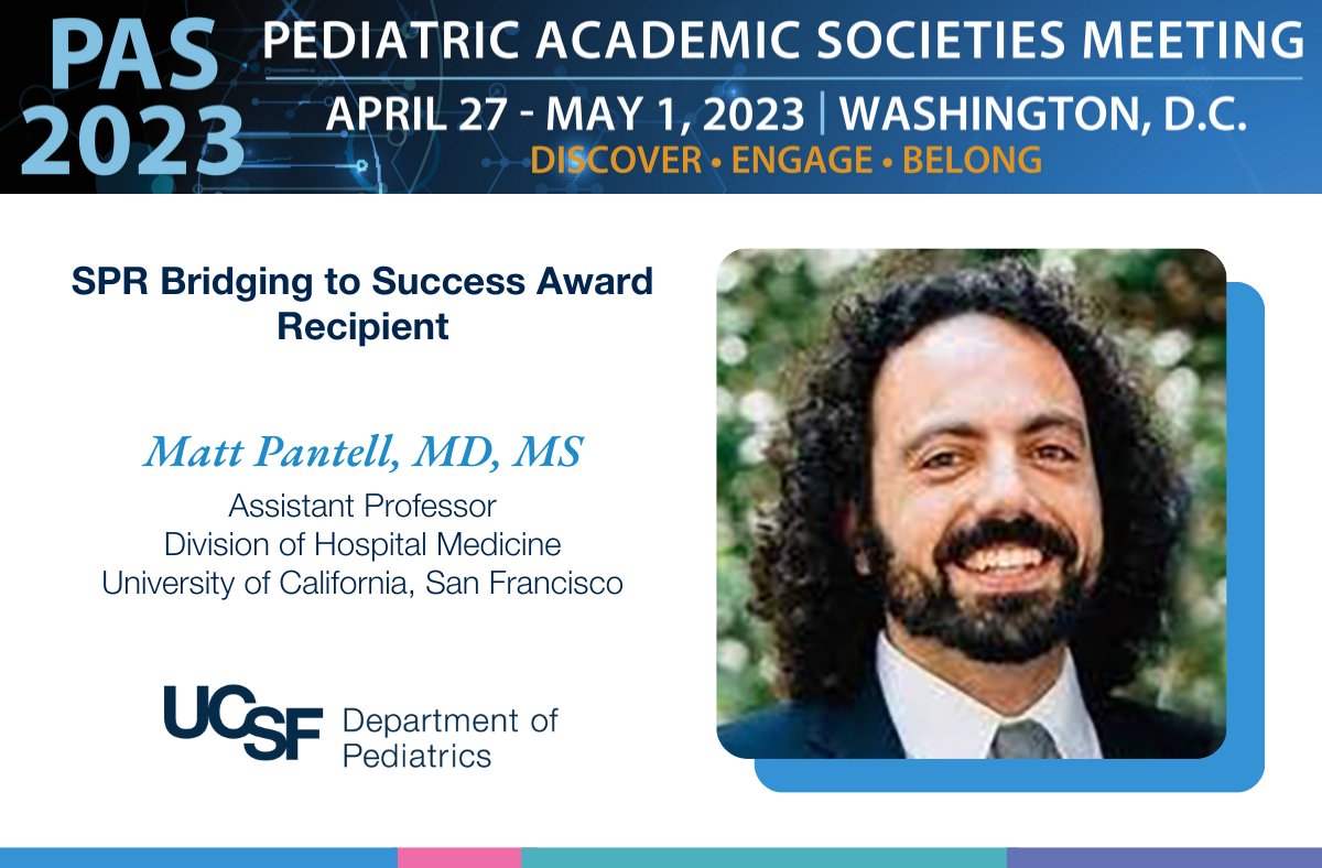UCSFPediatrics's tweet photo. Assistant Professor of Pediatrics @MatthewPantell will receive the @SocPedResearch Bridging to Success Award during the SPR Presidential Plenary at #PAS2023 for his study: "Social Drivers of Health among Hospitalized Children."
#UCSFatPAS https://t.co/PtQz0Gx5yU