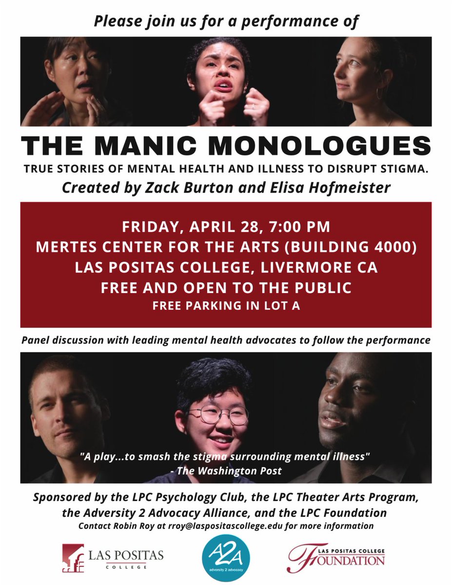 Exciting news! Las Positas College is hosting a performance of "The Manic Monologues" on April 28th. Don't miss this powerful and moving show exploring the experiences of people living with mental illness. #LasPositasCollege #TheManicMonologues #mentalhealthawareness