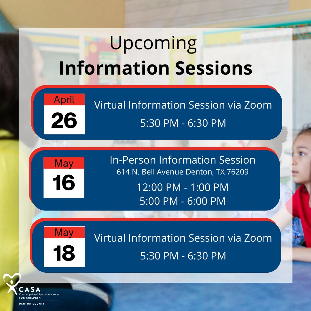 CASADenton's tweet photo. 26โฆthat's how many Denton County kids need a dedicated volunteer to step up for them RIGHT NOW. Don't let fear stop you from learning more. Attend an information session and discover how you can #BeACASA!!
To RSVP, email Beth Potter at BPotter@casadenton.org https://t.co/xaO19D1Lr9