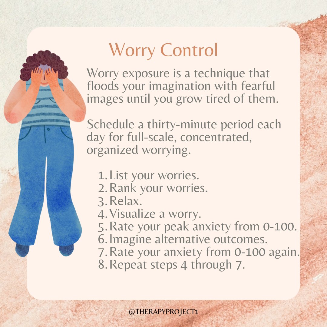 TherapyProject1's tweet photo. Hello Friends! Everybody worries now and again. When worry gets out of hand, it can really preoccupy your thoughts. Try to control the worry by scheduling a daily 30-minute period for full, scale, concentrated and organized worrying. #therapyproject #mentalhealth #worry #CBT https://t.co/Zg8EomuafZ