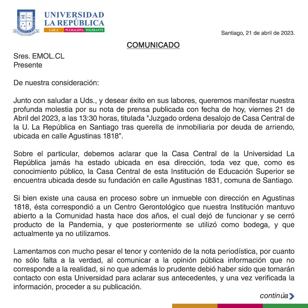 ularepublicacl's tweet photo. Universidad La República manifiesta su molestia en razón de nota publicada por medio de comunicación emol, por cuanto su tenor y contenido faltan a la verdad 👇🧐 https://t.co/ih8d47DdAW