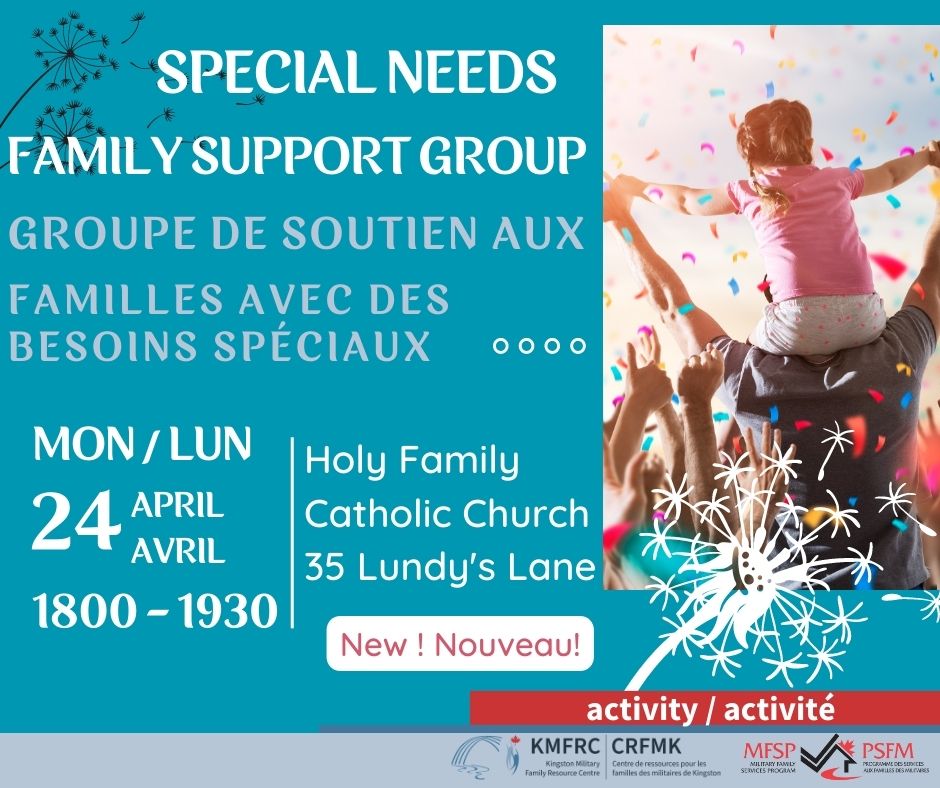 Join our SPECIAL NEEDS FAMILY SUPPORT GROUP, Monday,  April 24th from 6pm to 7:30pm at the Holy Family Catholic Church, 35 Lundy's Lane. 
***
Joignez-vous à notre SPECIAL NEEDS FAMILY SUPPORT GROUP  le lundi, 24 avril,  de 18h à 19h30, à l'église Holy Family, 35 Lundy's Lane.