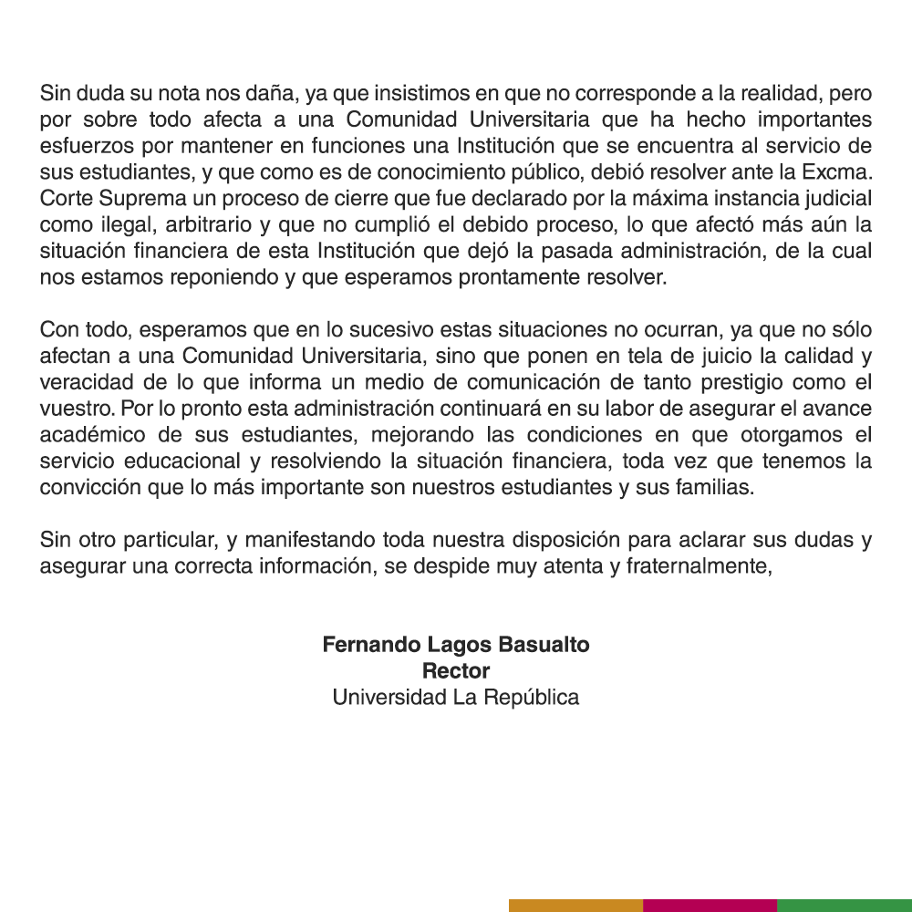 ularepublicacl's tweet photo. Universidad La República manifiesta su molestia en razón de nota publicada por medio de comunicación emol, por cuanto su tenor y contenido faltan a la verdad 👇🧐 https://t.co/ih8d47DdAW