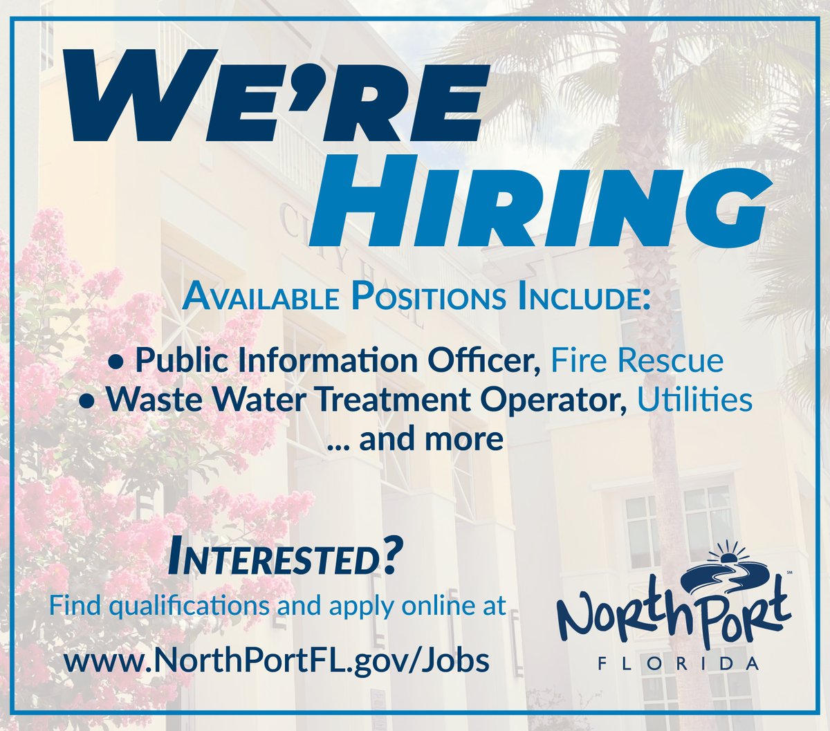 CityofNorthPort's tweet photo. The City of North Port isn't just a great place to live, but with competitive pay and benefits, it's also a great place to work! If you've ever considered a career in public service, head on over to https://t.co/w73YlMBERk to find open positions and qualifications. https://t.co/kZpjrK6uBi