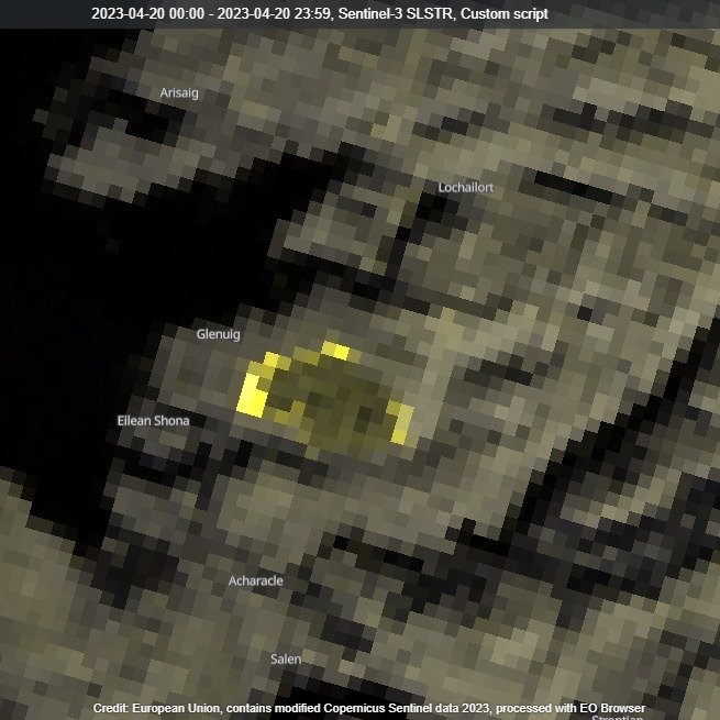 #wildfire Glenuig.  Evolution of the fire from Sentinel-3 STSTR SWIR from 18-Apr-23 to  21-Apr-23 (clockwise from TL). (Data <a href="/sentinel_hub/">Sentinel Hub</a>, <a href="/ESA_EO/">ESA Earth Observation</a>, <a href="/CopernicusEU/">Copernicus EU</a>)