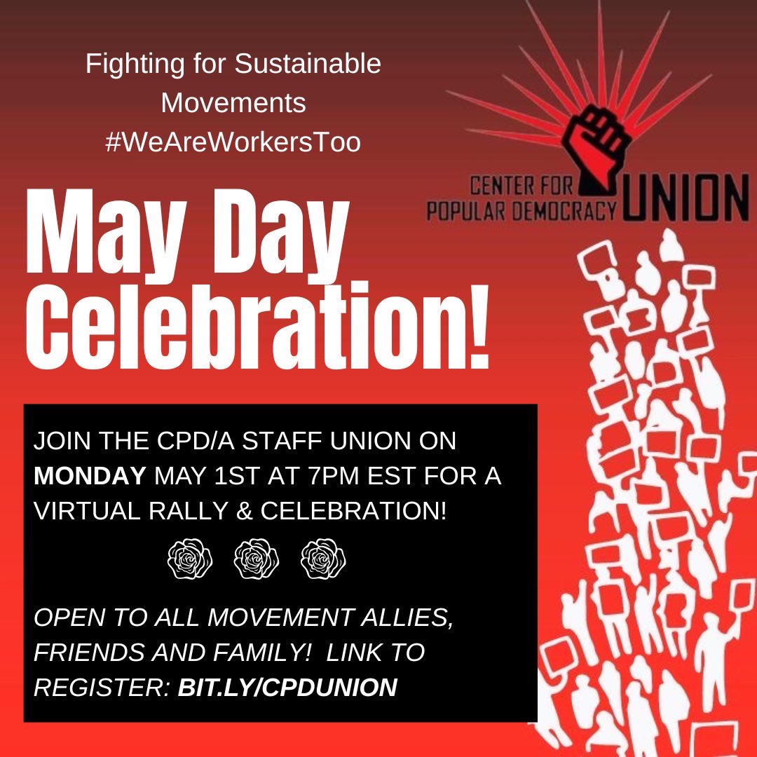 🚨🚨 SPECIAL ANNOUNCEMENT!! 🔥🔥

JOIN US this May Day for a virtual rally+celebration featuring members of our union, special guests, music, fun, + commemoration of workers and our fight for a better world!!

📢📢 REGISTER TODAY: bit.ly/CPDUnion