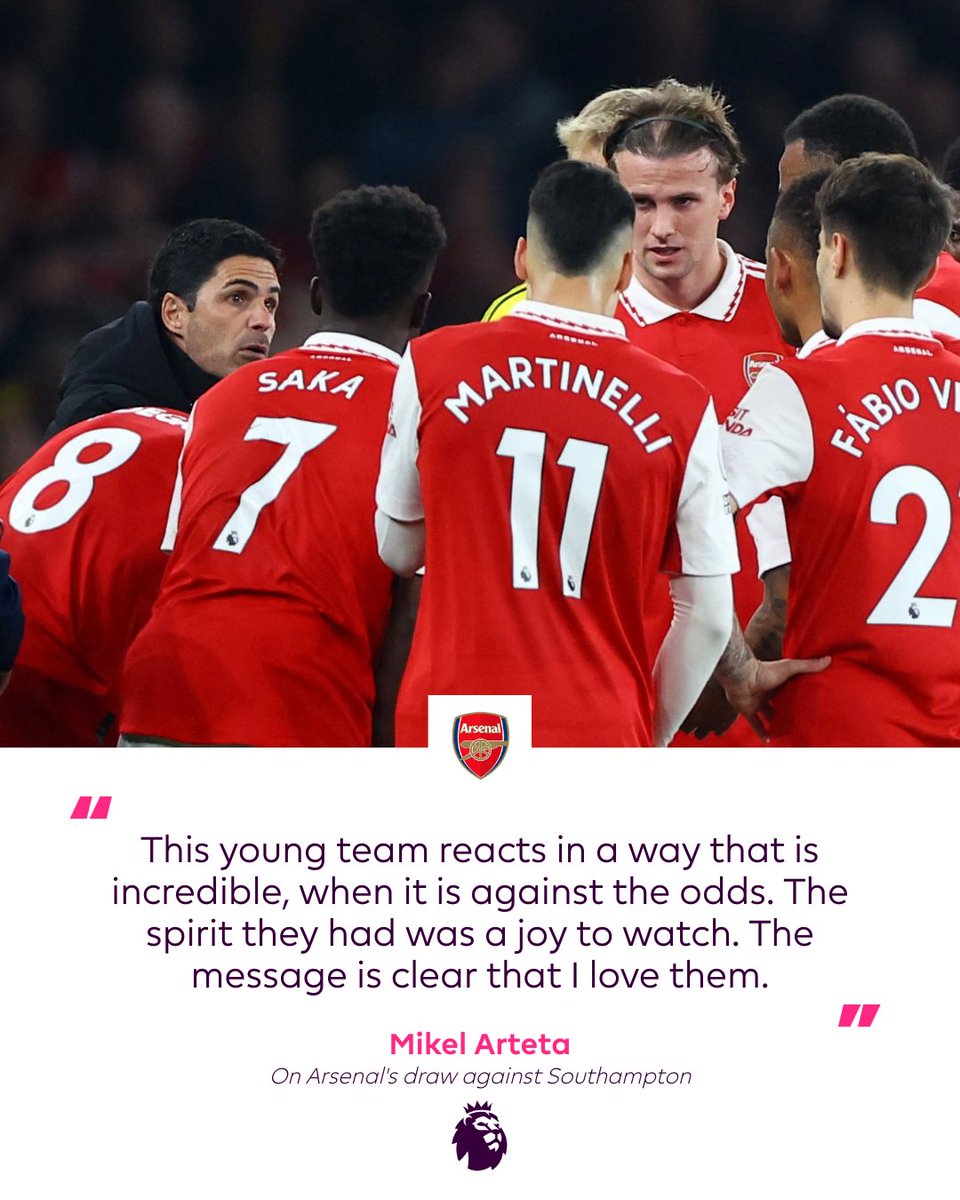 premierleague's tweet photo. Mikel Arteta loves his side's 'never say die' attitude 💪

@Arsenal | #ARSSOU https://t.co/Kkd6MoZ1Li