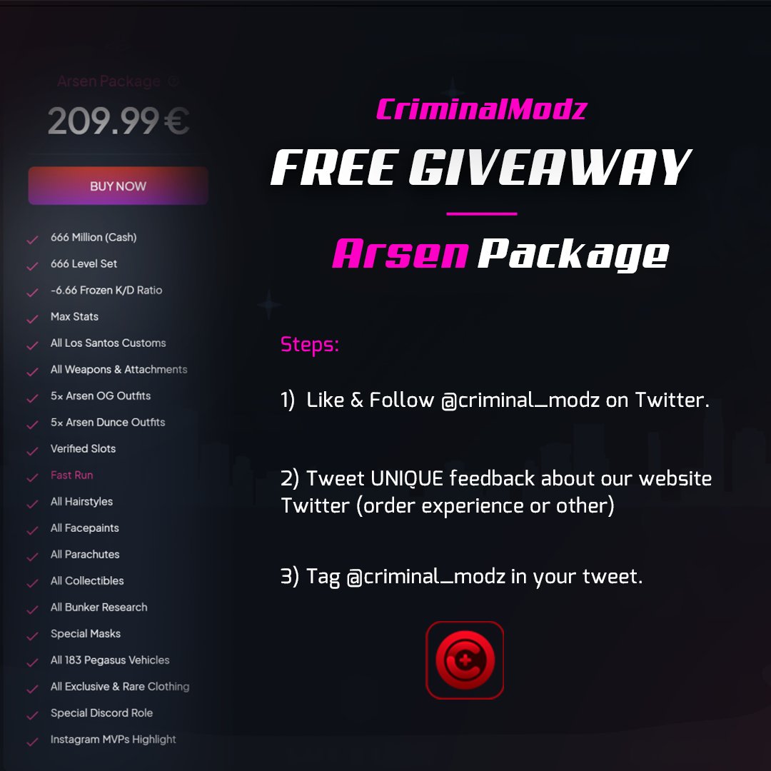 criminal_modz's tweet photo. Another Criminal+ Giveaway. 
Here's your chance to win a free Arsen Package for your existing account.

Follow the steps below:

- Like & Follow us here on Twitter.
- Tweet UNIQUE feedback about our website.
- Tag us in the tweet.

More giveaways to come soon!
Stay tuned here: https://t.co/dcIQUBhthF