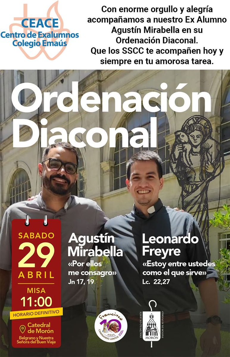 CEACEMAUS's tweet photo. Con enorme orgullo y alegría acompañamos a nuestro Ex Alumno Agustín Mirabella en su Ordenación Diaconal.
Que los SSCC te acompañen hoy y siempre en tu amorosa tarea. https://t.co/RFKIadyeUR