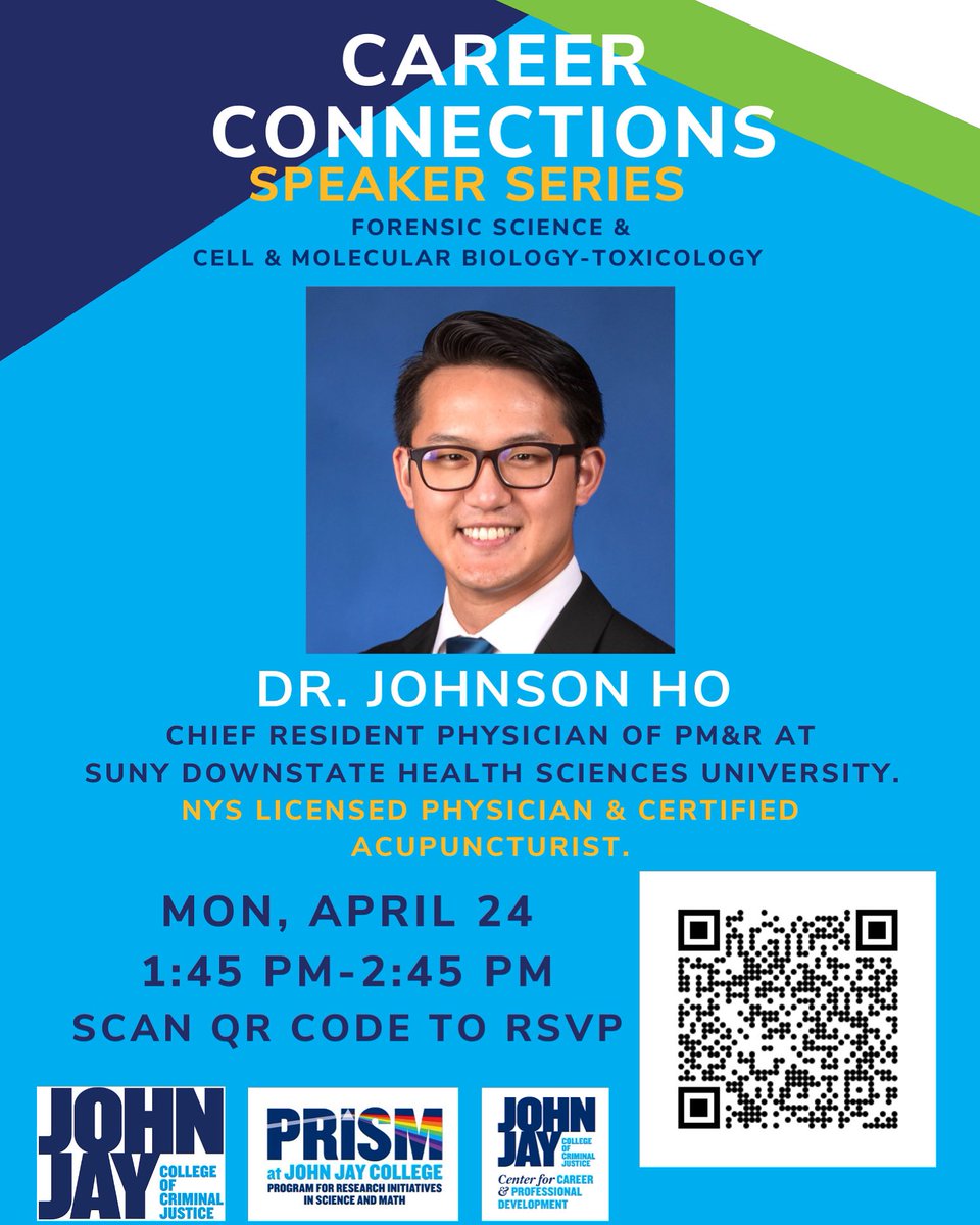 PRISM at John Jay (@jjcprism) on Twitter photo Join us and Dr. Johnson Ho, Chief Resident Physician of PM&R at <a href="/SUNY/">SUNY - The State University of New York</a> Downstate Health Sciences University on for the Career Chats: A Day In The Life Of A Chief Resident Physician.
Scan to RSVP, link can be found in our bio too.
Event open to ALL CUNY CC and JJC students. Join us and Dr. Johnson Ho, Chief Resident Physician of PM&R at <a href="/SUNY/">SUNY - The State University of New York</a> Downstate Health Sciences University on for the Career Chats: A Day In The Life Of A Chief Resident Physician.
Scan to RSVP, link can be found in our bio too.
Event open to ALL CUNY CC and JJC students.