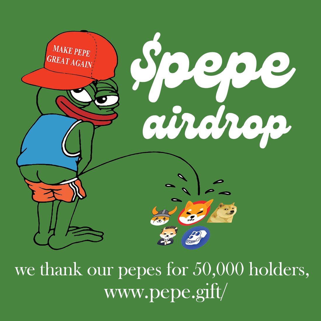 pepecoin_ethe's tweet photo. 🐸 You ask — we bring, $PEPE has reached 50,000 holders. We thank our community.

To give back, we hosted an airdrop, find out how much $PEPE you're eligible to claim:
🔗 https://t.co/7teoKuJQJ7

#PEPE $PEPE #Web3 $SUI $APED #AiDoge #memecoins #BabyDoge $FADE $WOJAK $DOGE #Doge https://t.co/KnIoryiOo4