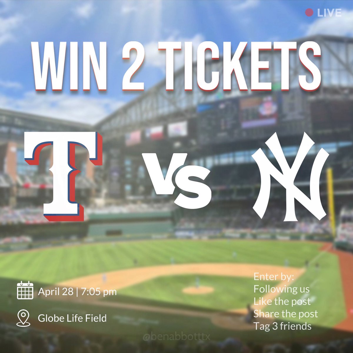BenAbbottTX's tweet photo. GIVEAWAY: Enter to win 2 TICKETS to the RANGERS vs YANKEES GAME on Fri 4/28 at 7:05 pm at the Globe Life Field!

HOW TO ENTER:
➡️FOLLOW ➡️LIKE ➡️RETWEET
➡️TAG 3
 
For additional entries, enter through our FB&amp;IG @BenAbbottTX

DRAWING: Fri April 28, 2023 at 12:00pm. live on FB https://t.co/uoWY0qVteW