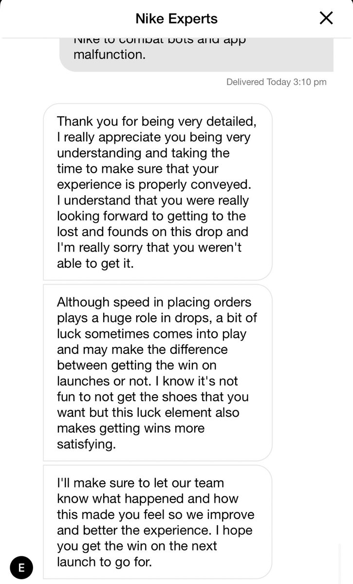 HumanIResources's tweet photo. This what @Nike @NikeService told me when I told them about the malfunctioning SNKRS APP. “Told me I needed luck to cop shoes” are you serious? @Jumpman23 https://t.co/CEdtAK4mKZ
