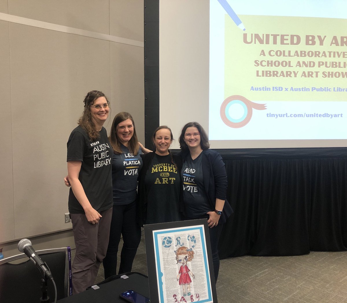 MsZaner's tweet photo. The @McBeeLibrary, @LibrarianKatieA, @AustinPublicLib, and I had a great day presenting #UnitedByArt at the #txla2023 conference! It was an honor to collaborate with such a dynamic, dedicated, and well-spoken team. #librARTy @ElementaryMcbee @AustinISD @AISDArts https://t.co/MjMAVA5Yn7