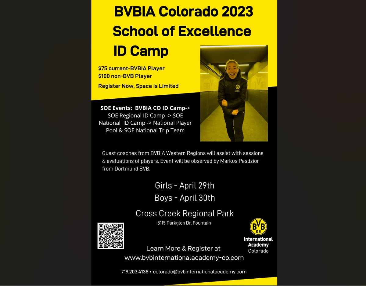 Don't forget to sign up for SOE ID Camp. Guest coaches from BVBIA Western Regions will assist with sessions &amp; evaluations of players. Event will be observed by Markus Pasdzior from Dortmund BVB. Spaces are filling up fast!