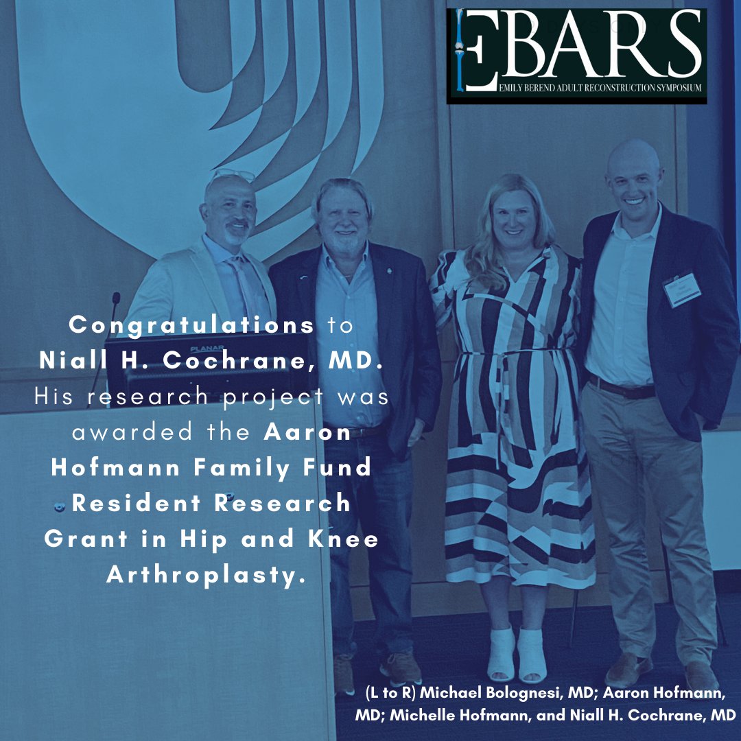 DukeOrtho's tweet photo. 🙌 Bravo, Niall H. Cochrane, MD! His research project, 'Does Femoral Stem Design Affect Load Failure in Total Hip Arthroplasty,' was awarded the Aaron Hofmann Family Fund Resident Research Grant in Hip and Knee Arthroplasty. #EBARS @DukeOrtho @AAHKS @HipSocKneeSoc https://t.co/CmIXFHOc3S