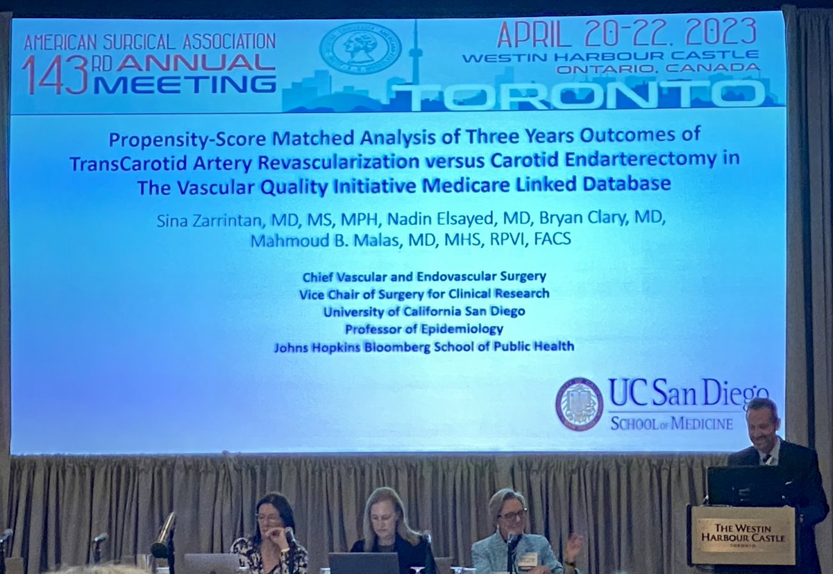 malas_mahmoud's tweet photo. Great discussion @AmerSurg  of our PSM analysis of TCAR vs. CEA three-years outcomes showing no difference in stroke rate and slight decrease in three-years survival in Sx patients. TCAR patients are older with significantly higher baseline morbidities https://t.co/5HiyVFVsrQ