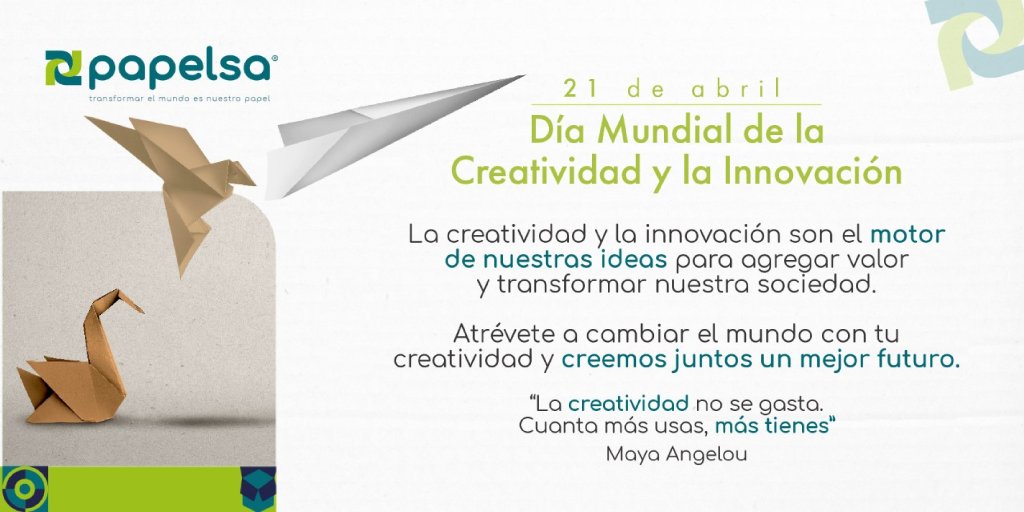 PapelsaSA's tweet photo. La creatividad y la innovación son fundamentales para el desarrollo, crecimiento y preservación de la especie humana. Todas las personas poseemos estas habilidades y ponerlas en práctica por el bien común es la clave para nuestro futuro. 

#DiaMundialdelaCreatividadylaInnovacion https://t.co/EO1ZUdqKWx