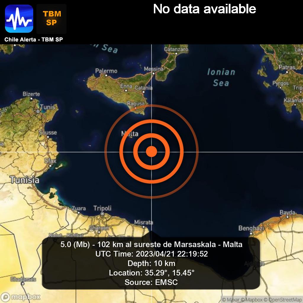ChileAlertaApp's tweet photo. New #Earthquake. 🌎
5.0 (Mb) - 102 km al sureste de Marsaskala - Malta.
2023/04/21 22:19:52 UTC.
App: https://t.co/RblVNxZYn8
#Marsaskala #Malta #earthquake #sismo #temblor #terremoto https://t.co/0yoQYN1qhv