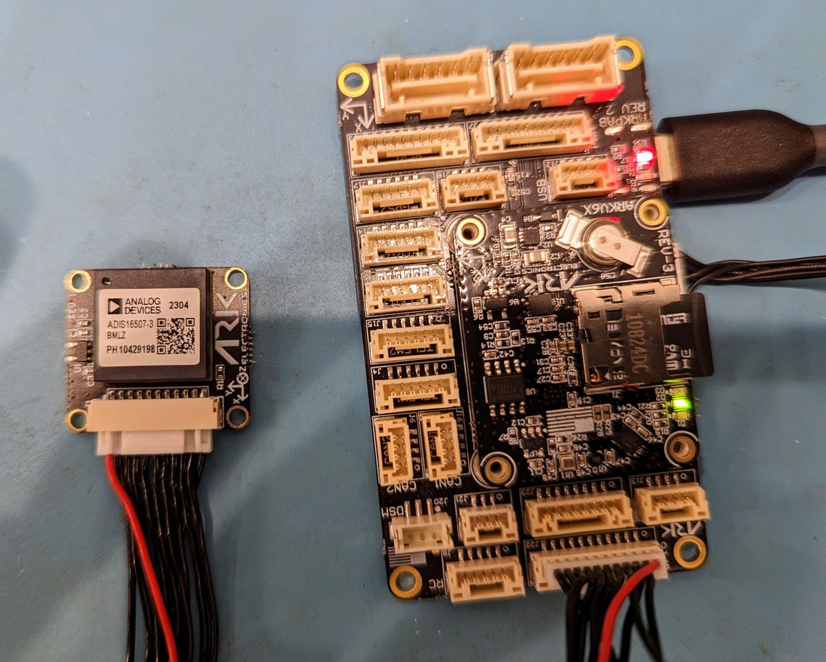 ArkElectron's tweet image. Working on testing a new product, the ARK ADIS16507-3 IMU. The impressive specs allow drones to dead reckon longer when GPS is jammed. My breakout enables this BGA part to be easily connected to the ARK PAB.

#px4 #sensors #pixhawk #imu #deadreckoning #drones #uav #uas