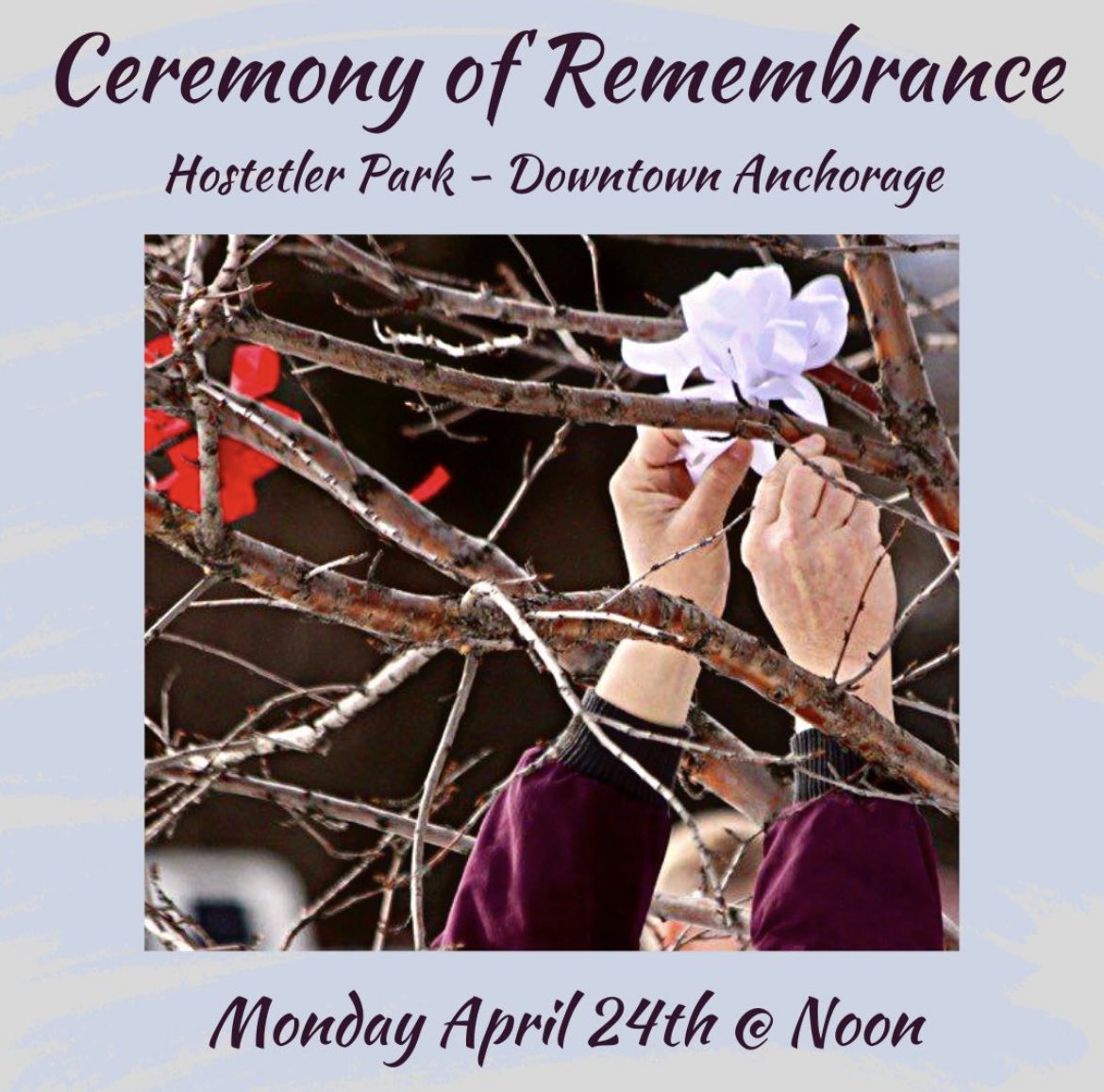 VFJAlaska's tweet photo. Join VFJ at Hostetler Park this Monday April 24th@ Noon for the annual Ceremony of Remembrance. Attendees are invited to tie colored ribbons,  to represent themselves or others who have been impacted by violent crime. #VFJ #NCVRW #ceremonyofremembrance #hostetlerpark https://t.co/vPFLePUs0p