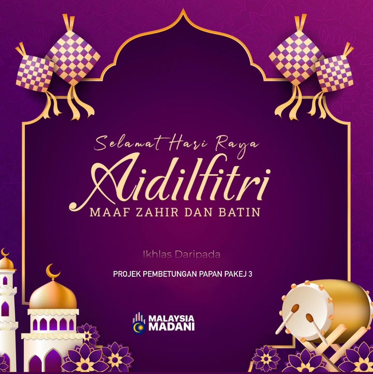 Ipoh_Package3's tweet photo. Projek Pembetungan Papan Pakej 3 mengucapkan Selamat Hari Raya Aidilfitri, Maaf Zahir Dan Batin.

"Taqabballallahu minna wa minkum" (Semoga Allah menerima dari kami dan dari kamu semua) akan segala amalan dan ibadah yang kita lakukan di bulan Ramadhan ini. https://t.co/9sQmCXfUzA