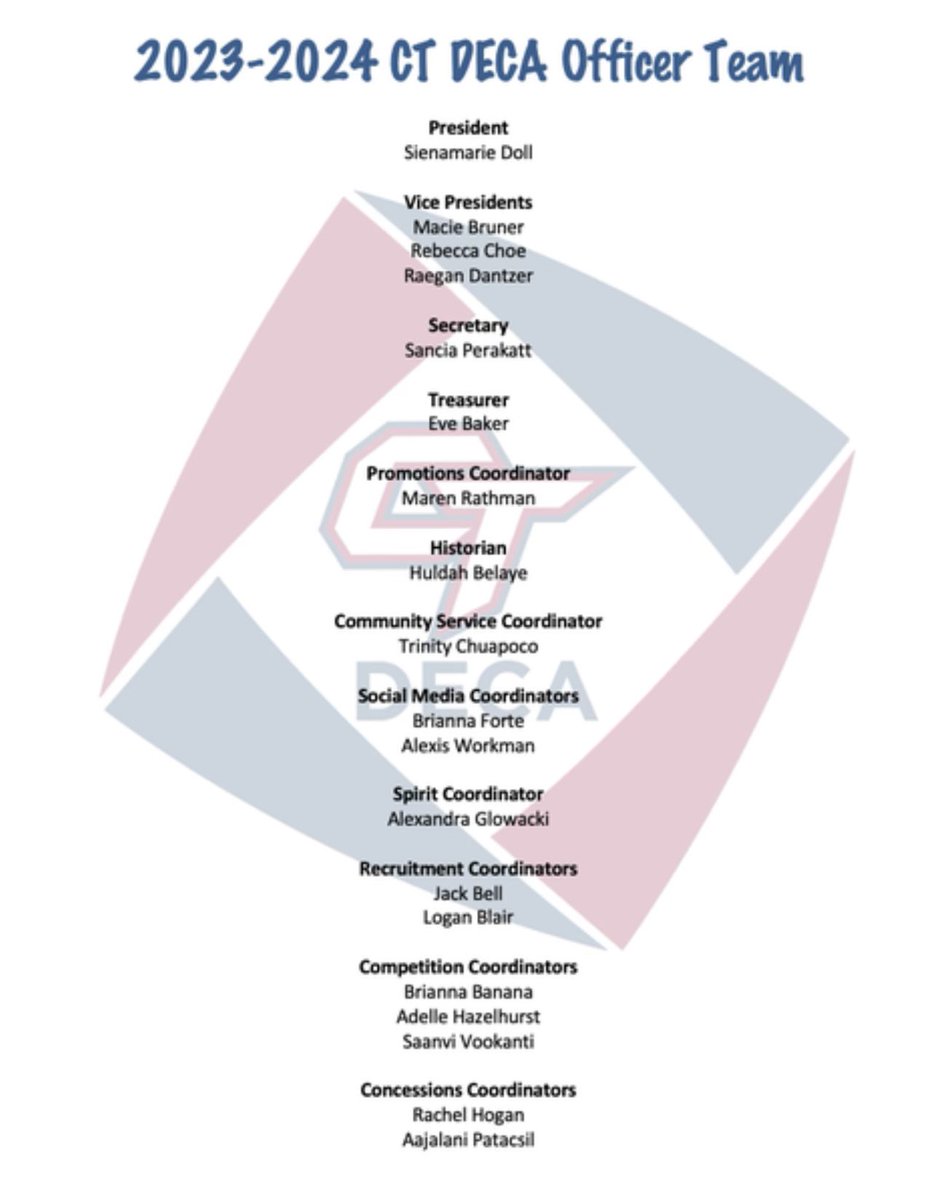 Welcome and CONGRATS to our new DECA Officers for the 2023-2024 school year! 🎉 It was a hard decision with all of our amazing candidates, and we thank all of you for your amazing interviews and stepping out on the plate to make DECA better 🔷