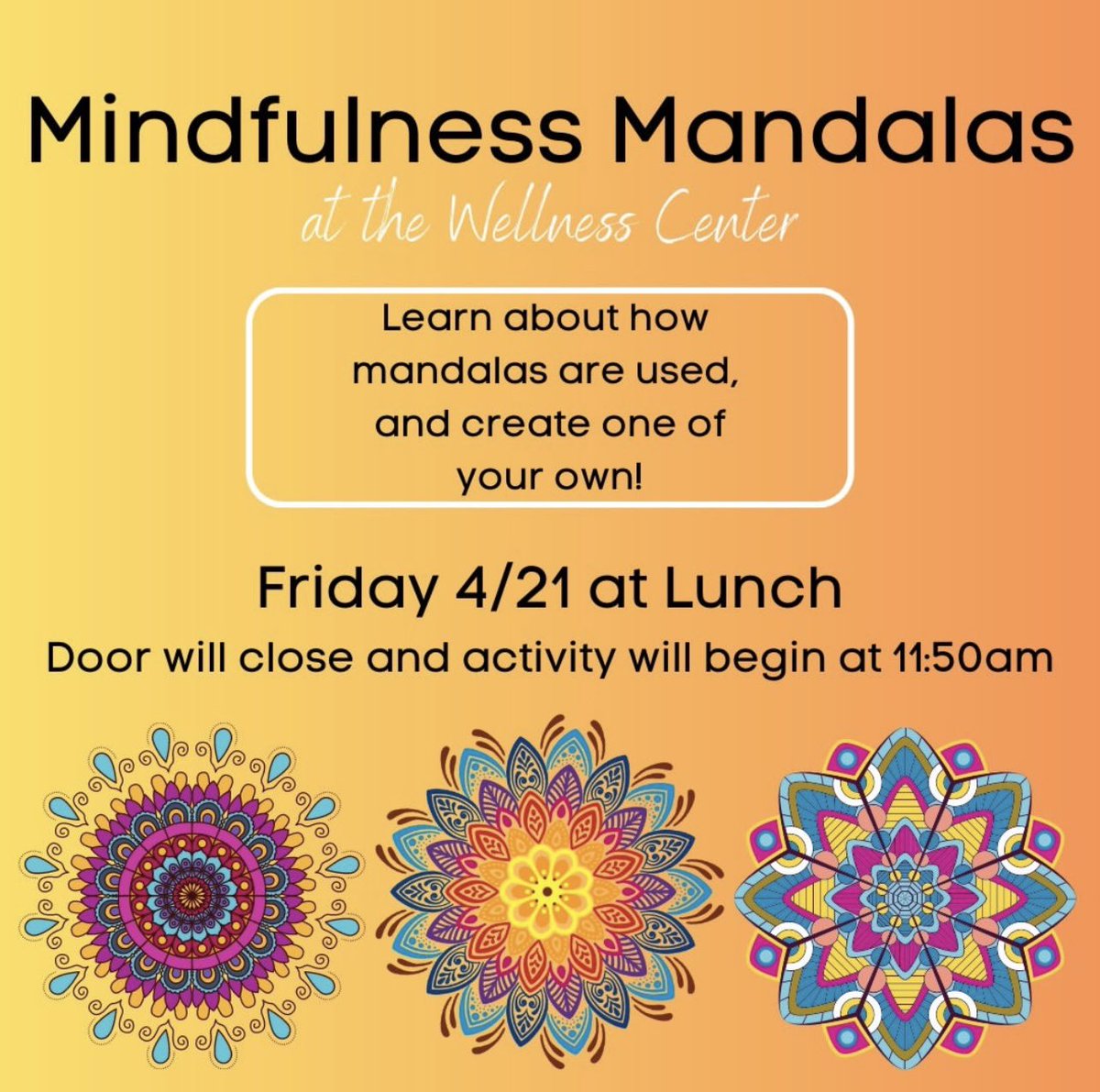 cams_wellness's tweet photo. Students enhanced their spiritual, emotional, and social wellness through creating their very own mandalas. Excited to hang these in the Center when they are complete! 🌞 https://t.co/pNqoLMj7TR