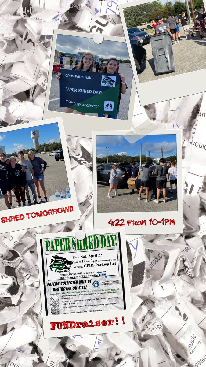 SHRED FUNDraiser is tomorrow, Saturday April 22nd in the CPHS school parking lot from 10am to 1pm… help our team out, bring your papers for shred and donate to an amazing cause! 💚🐺🖤 🤼‍♀️🤼 <a href="/LISDAthletics/">LISD Athletics</a> @CPHS_TWolves <a href="/CoachQCPProud/">Coach Q</a> #CPproud