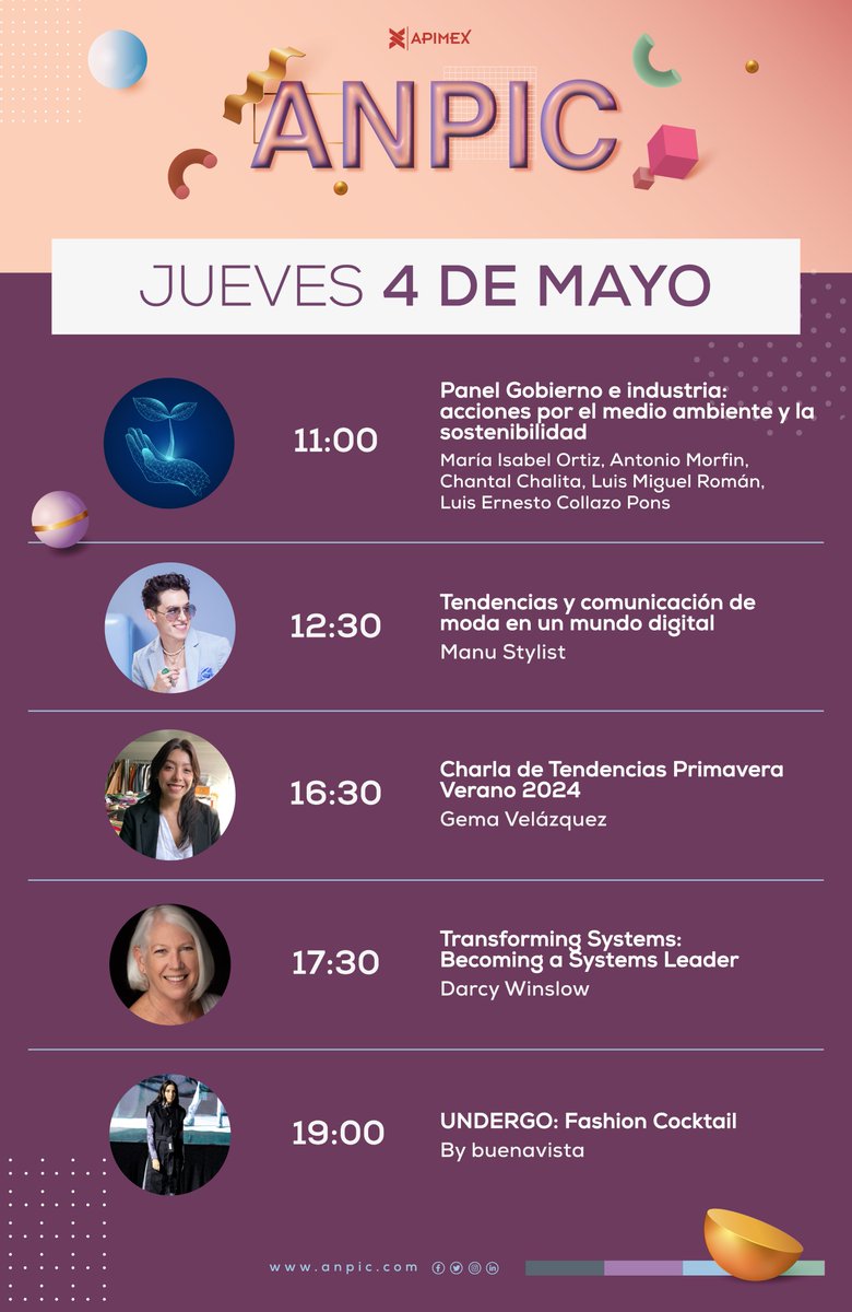 Conoce nuestro programa de conferencias del segundo día de #ANPIC. Un programa de conferencias muy interesante con grandes ponentes relacionados en la industria de la moda.
Te esperamos del 3 al 5 de mayo en <a href="/poliforumleon/">Poliforum León</a>
Regístrate sin costo aquí  t.ly/x_fH