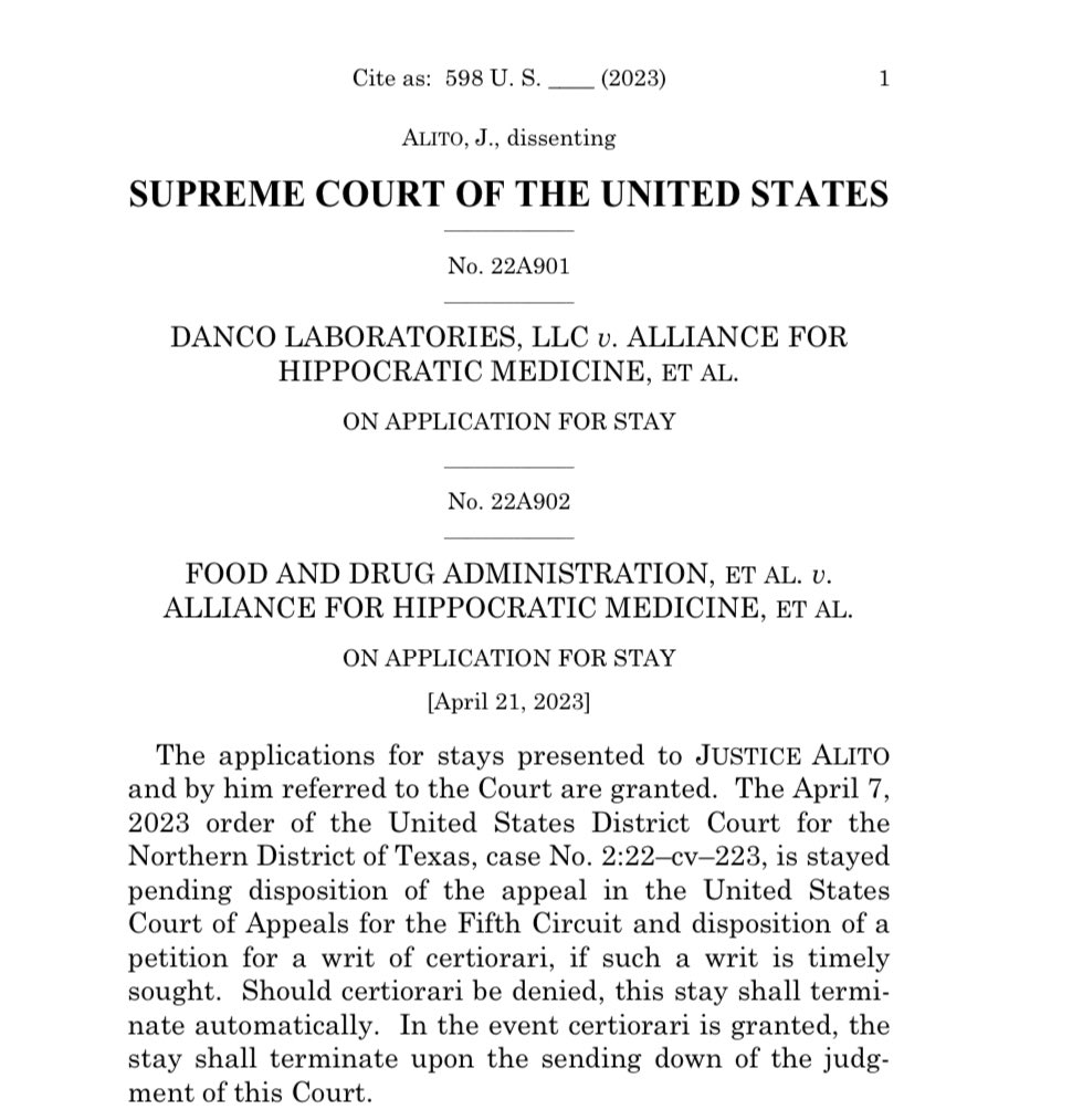 chrisgeidner's tweet photo. BREAKING: #SCOTUS keeps lower court medication abortion drug ruling on hold during appeals, allowing continued access to mifepristone with currently eased access. Thomas would deny the stay. Alito dissents and writes. More to come at Law Dork: https://t.co/oFbD0ZqTha https://t.co/JWQ99kS5o6