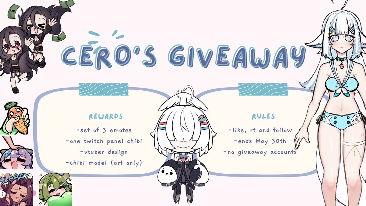 Ceroos_'s tweet image. 🤍🦭VTuber raffle! This is in celebration of hitting a subathon goal \o/

💙set of 3 emotes
💙twitch panel art
💙free vtuber design
💙a free chibi model

just like, rt and follow!!! this ends May 30th

more info below ⬇️