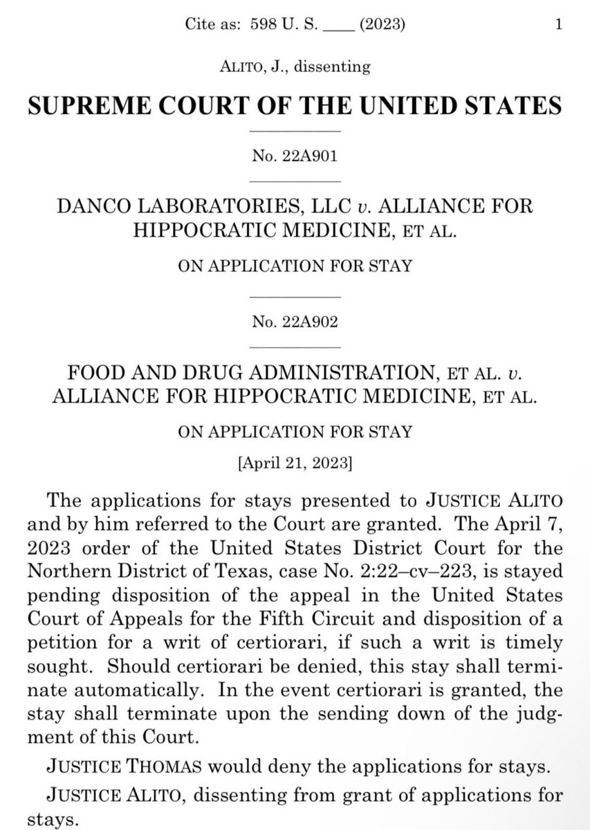 JoyceWhiteVance's tweet photo. SCOTUS has stayed Judge Kacsmaryk's order, which would have banned Mifepristone while litigation proceeded. Mifepristone remains available for the duration of the litigation over dissents from Thomas &amp; Alito. https://t.co/WfsbgnRAnm