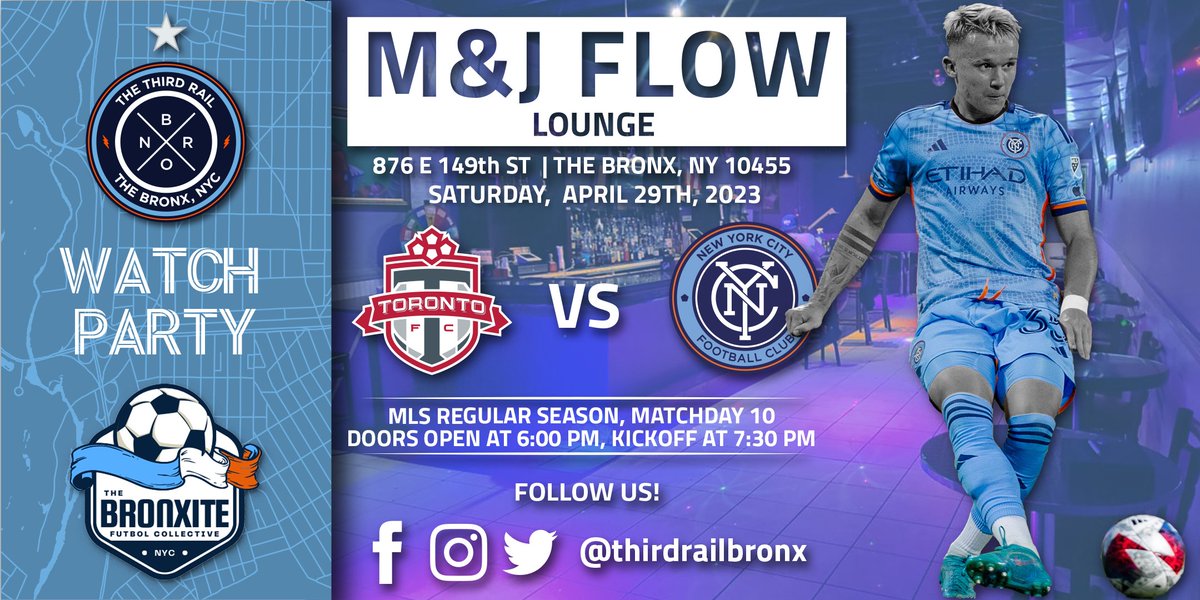 ThirdRailBronx's tweet photo. YERRRRRRRRRR!!!!!
Pull up to M&amp;J Flow Lounge on Saturday, 4/29 as @NYCFC takes on @TorontoFC! Party starts at 6, match kicks off at 7:30 #NYCFC #DaleNewYork https://t.co/hYSXUqLTXi