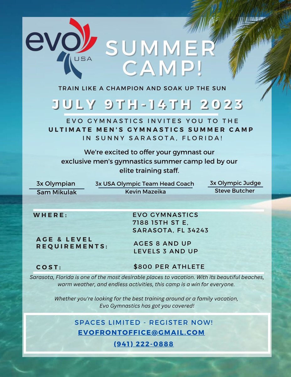We are very excited to announce our Elite Men’s Gymnastics Summer Camp is now available! Athletes will be able to learn from the best while having some fun in the Florida sun ☀️ 

Visit our Linktree in our bio to register TODAY!🤸