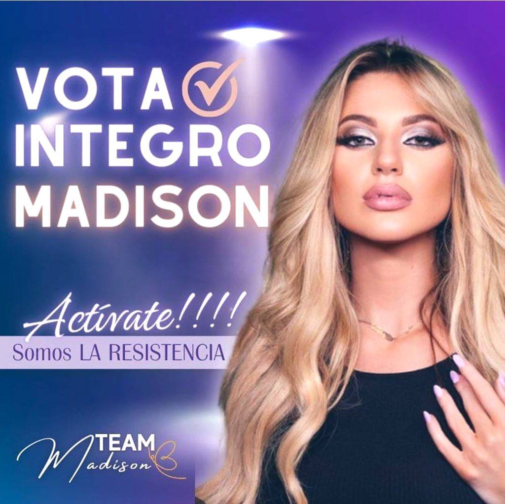 <a href="/LaJefaTLMD/">La Jefa</a> @madison_sarra Dios te bendiga Madison todos los q te queremos estaremos apoyandote con lo votos . Tu seras la Ganadora y celebraremos contigo. 
Madison Ganadora 
#MadisonGanadora 
<a href="/LaJefaTLMD/">La Jefa</a> 
<a href="/TLMDRealities/">Telemundo Realities</a> 
<a href="/Telemundo/">Telemundo</a> 
<a href="/TelemundoPR/">TelemundoPR</a>
<a href="/juanriveramusic/">Juan Rivera</a> 
<a href="/SANDARTI/">Héctor Sandarti</a> 
<a href="/Jimenagallegotv/">Jimena Gállego</a>