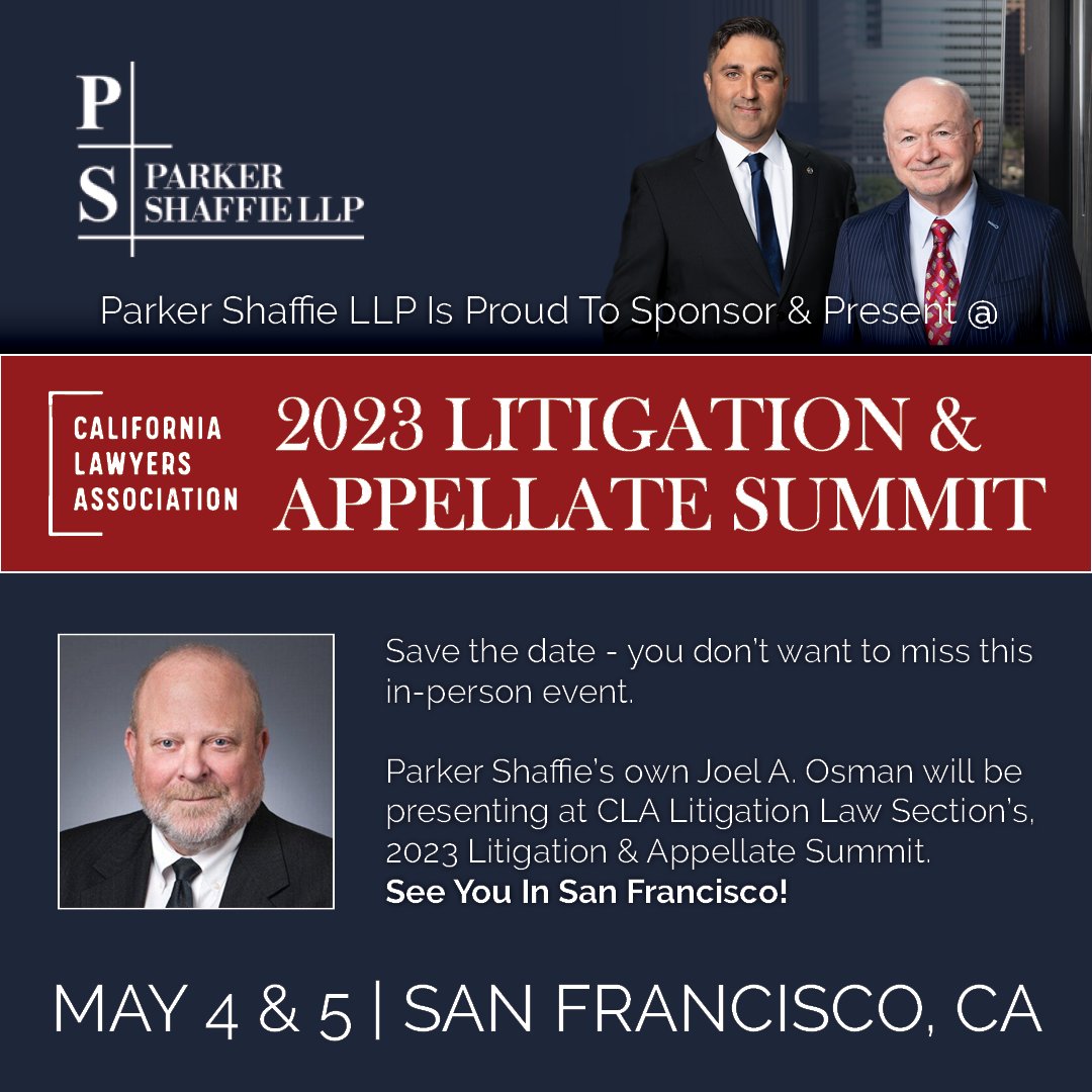 parkershaffie's tweet photo. Parker Shaffie LLP sponsors & ethics expert Joel Osman presents at 2023 Litigation & Appellate Summit in San Francisco | May 4-5 https://t.co/DhEbsCtBlp #JoelAOsman #ParkerShaffie #LegalEthics #CALitigation #TrialLawyers #CLALitigationSummit #Litigation https://t.co/UEJUQy2GiO