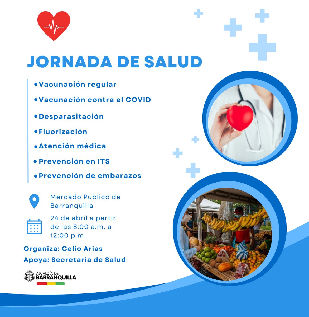 AriasCelio's tweet photo. La asociación de vendedores de frutas y verduras hacemos la invitación para una jornada de salud el día lunes 24 de abril de 8 a.m a 12 p.m.
Lugar mercado público, calle 10 con la carrera 40. https://t.co/RqZryfCIOJ