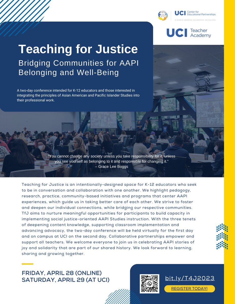 edu_to_empower's tweet image. 📢Today is the last day to register for the Teaching for Justice Conference. Scholarships are available! 

🤩 Look at our amazing AAPI students, teachers, educators, scholars, organizers, and community leaders speakers! 
 
Please join and share! teacheracademy.uci.edu/teaching-for-j…