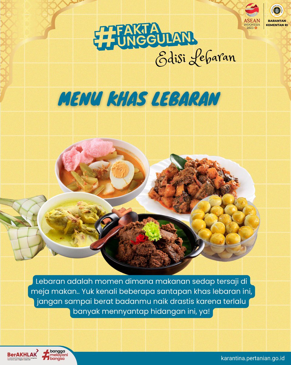 BarantinRI's tweet photo. Deretan Makanan Khas Lebaran, Nomor Lima Bikin Bergoyang!

SobatQ, saat lebaran rasanya kurang lengkap jika berkumpul bersama keluarga tanpa sajian menu lebaran. 

Klean dah makan yang mana aja nih?

#FaktaUnggulan
Karimin #Sapapagi https://t.co/y6IkANwsnK