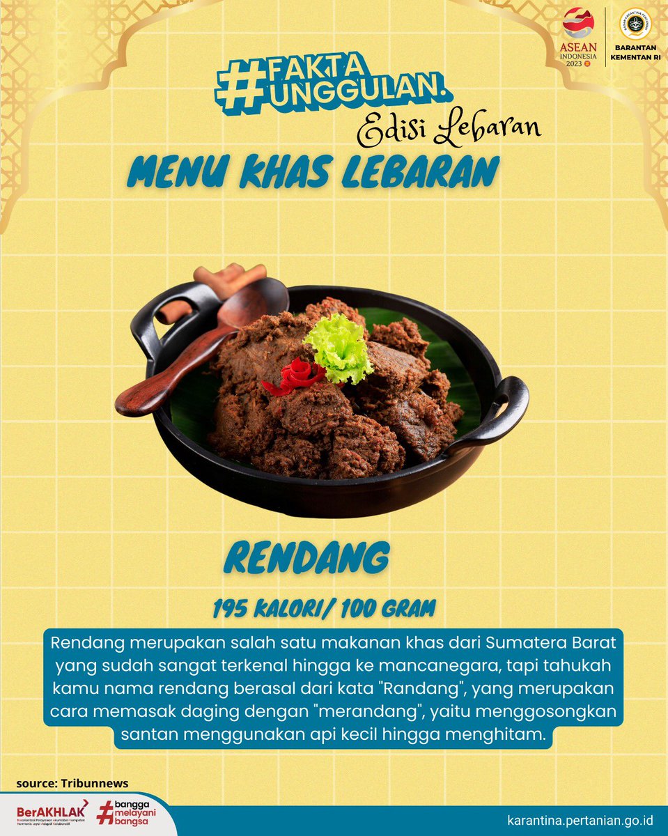 BarantinRI's tweet photo. Deretan Makanan Khas Lebaran, Nomor Lima Bikin Bergoyang!

SobatQ, saat lebaran rasanya kurang lengkap jika berkumpul bersama keluarga tanpa sajian menu lebaran. 

Klean dah makan yang mana aja nih?

#FaktaUnggulan
Karimin #Sapapagi https://t.co/y6IkANwsnK