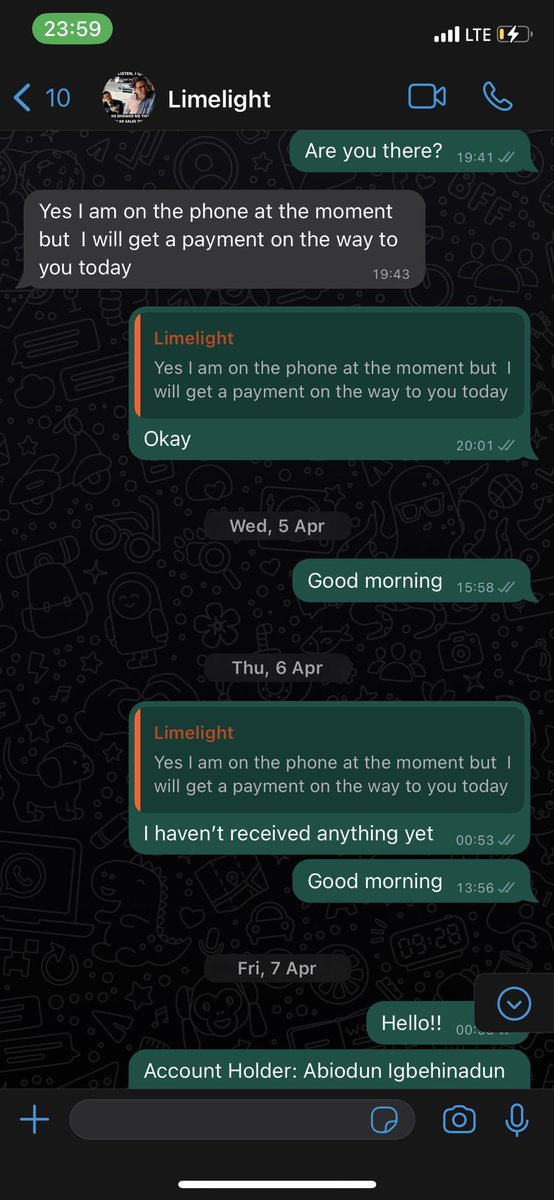 starr_NFT_'s tweet photo. @LimeLightList1 You said you were about to make the payment but instead you stopped replying my texts https://t.co/ihRFeaUQrw